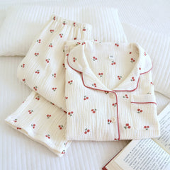 Print Cherry Long Sleeve Shirt And Pants Pajama Set