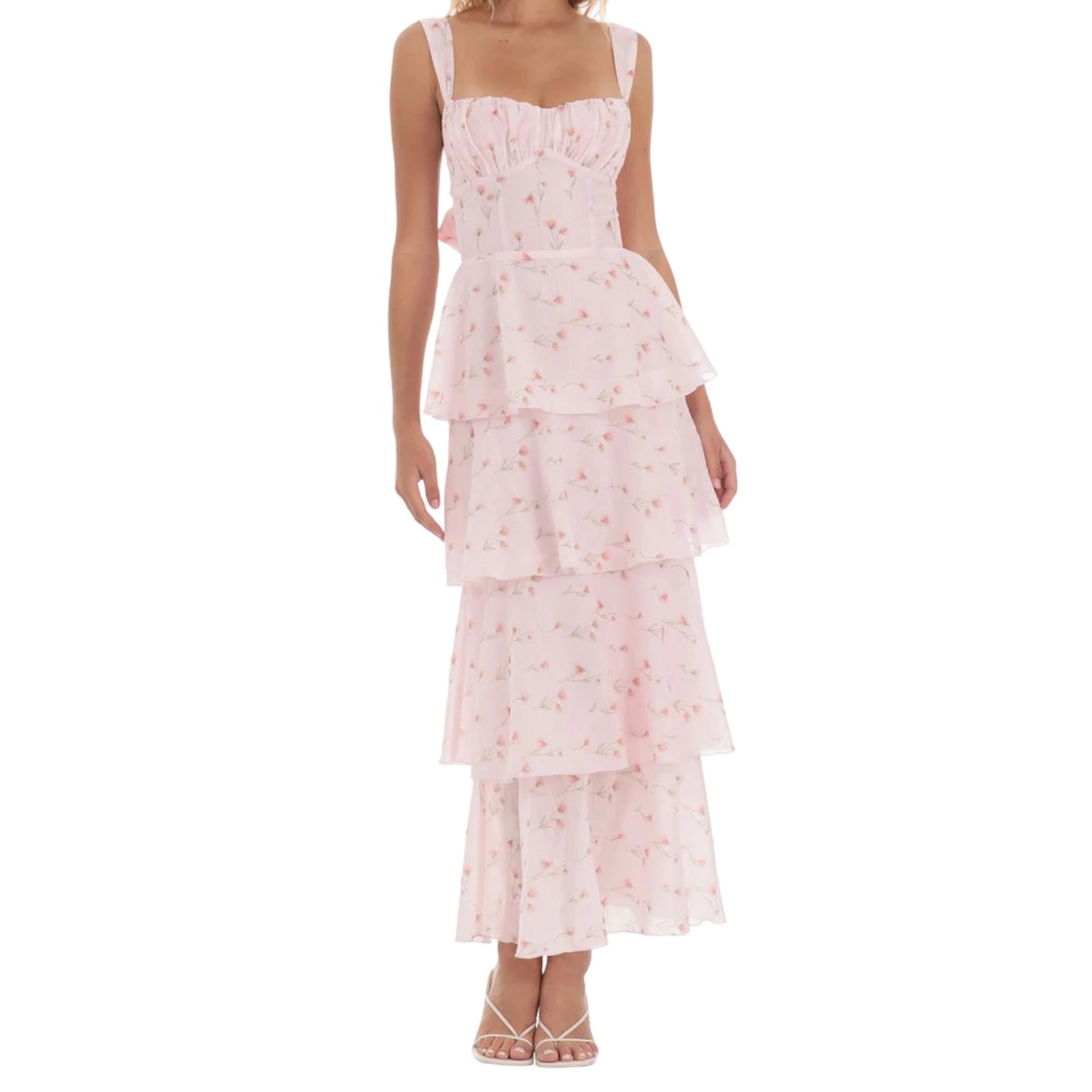 Pink floral tiered dress- front view