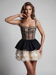 Beaded Strap Mesh Tiered Ruffle Patchwork Mini Dress