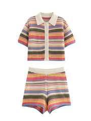 Stripe Colourful Collar Buttoned Shirt And Shorts Set