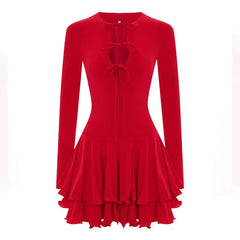 Long Sleeve Ruffle Hem Lace Up Mini Dress
