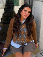 Turn-down Collar Knitted Diamond Loose Sweater