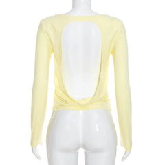 Hollow Open-Back Long-Sleeve Round-Neck Top