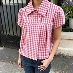 Peter Pan Collar Gingham Puff Short Sleeve Top