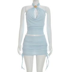 Textured Metal Buckle Halter Top And Mini Skirt Set