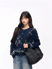 Blue Cartoon Embroidery Cardigan