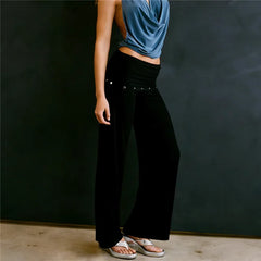 Fold Over Waist Metal Stud Flare Pants