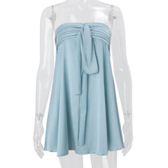 Blue Stain Strapless Tie Up Mini Dress