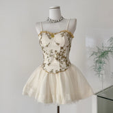 Spaghetti Strap Floral Embroidered Top and Mesh Skirt Set