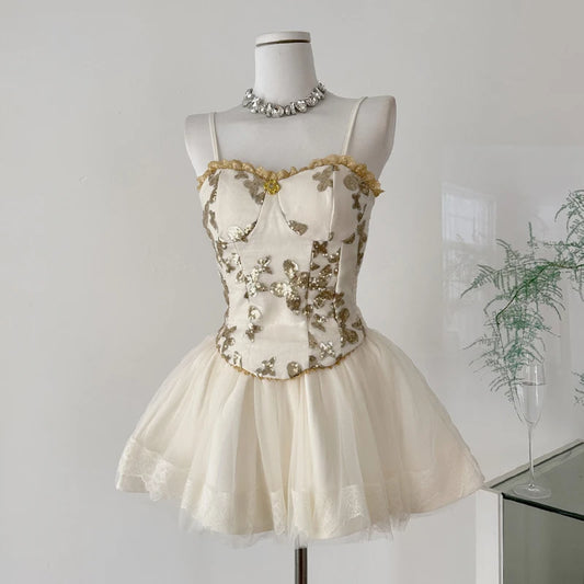 Spaghetti Strap Floral Embroidered Top and Mesh Skirt Set