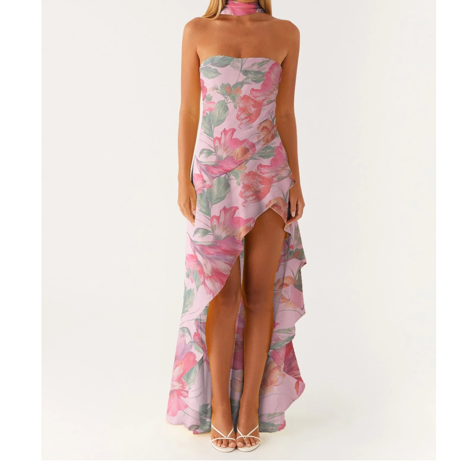 Strapless Printed Ruffles Midi Dress with Scarf A / S