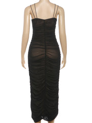 Black Ruched Strappy Mesh Midi Dress