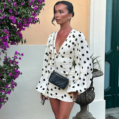 White Long Sleeve Polka Dot Flare Mini Dress