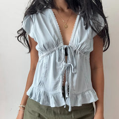 Ruffles Hem Short Sleeve Bow Tie Crop Top