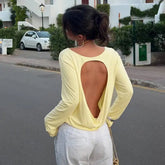 Solid Hollow Out Backless Long Sleeve T-Shirt