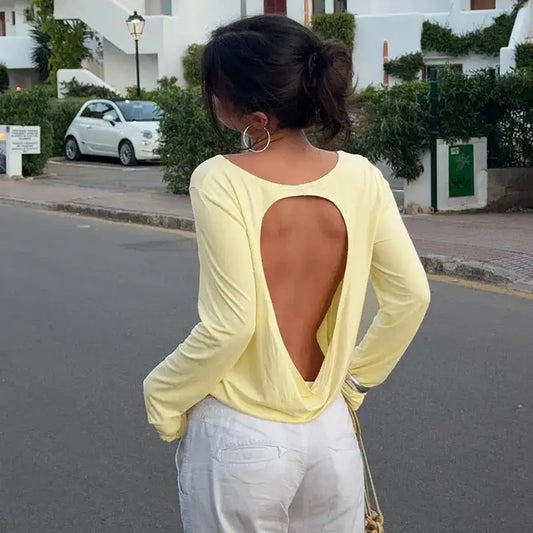 Solid Hollow Out Backless Long Sleeve T-Shirt