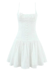 White Spaghetti Strap Eyelet 3d Flower Mini Dress