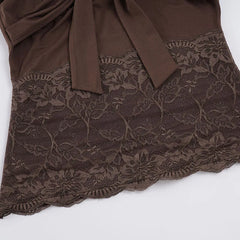 Brown V-neck Tie Up Patchwork Short Sleeve Top