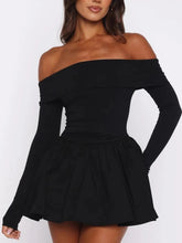 Off-Shoulder Long Sleeve Solid Ruffled Mini Dress