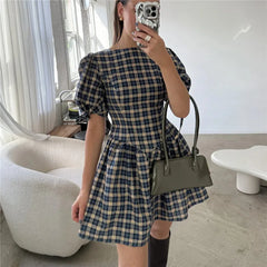 Plaid Round Neck Puff Sleeve Bow Tie Cuffs Mini Dress