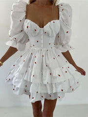 White Strawberry Print Puff Sleeve Frill Mini Dress