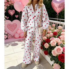Heart Print Long Sleeve Button Down Babydoll Shirt with Pants Loungewear Set