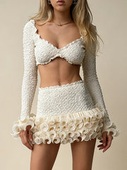 White Long Sleeve Crop Top And Ruffle Trim Mini Skirt Set