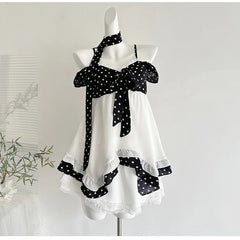 White Frill Black Polka Dot Patchwork Mini Dress