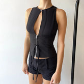 Hollow Out Zipper Sleeveless Tank Top