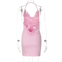 Pink Deep Cowl Neck Sequin Stripe Mini Dress