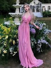 Pink Plunge V-neck 3D Flower Maxi Dress