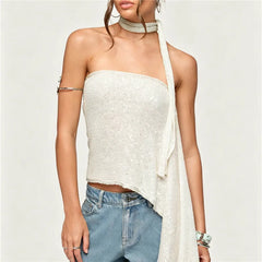 Sequin Knit Tube Top with Long Neck Scarf