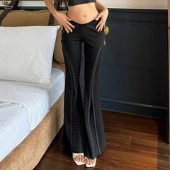 Flared Knitted Low Waist Hook Button Desgin Trouser