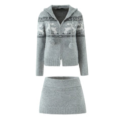 Double Zipper Hooded Knitted Cardigan And Mini Skirt