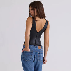 Black PU Leather Deep Neck Tank Top