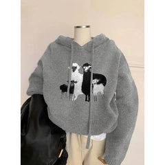 Grey Lamb Round Neck Hooded Sweater