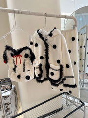 White Polka Dot Print Fleece Pajama 3 Piece Set