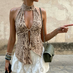 Leopard Print Deep Halter V-Neck Irregular Hem Top
