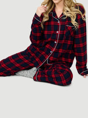 Plaid Print Long Sleeve Button Down Tops And Elastic Waist Pants Christmas Pajama Set
