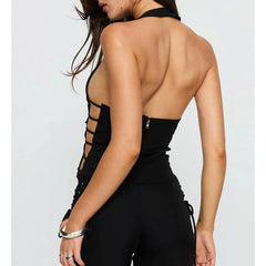 Rivet Studded Halter Neck Plunge Side Cut Out Top