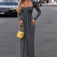 Long Sleeve Draped Tie Neck Maxi Dress