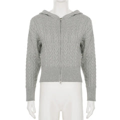 Grey Knitted Zipper Hooded Jacket And Wide Leg Pants Set