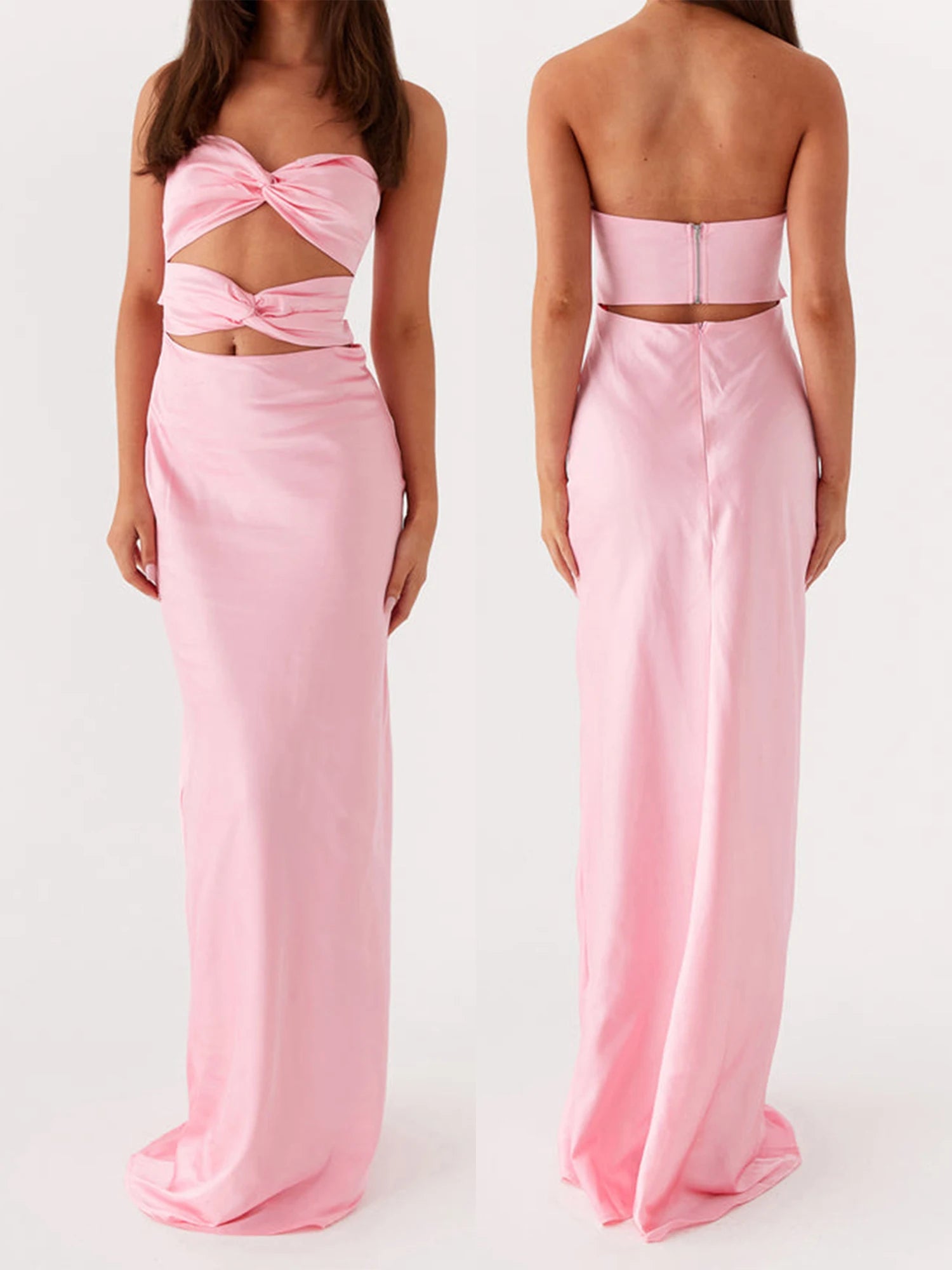 Pink strapless gown with cut-out design on a white background