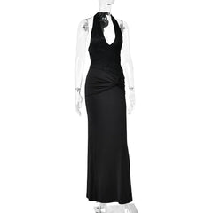 Deep V-neck Halter Lace Waist Twisted Knot Maxi Dress