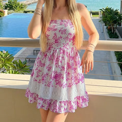 Pink Floral Strapless Smocked Mini Dress