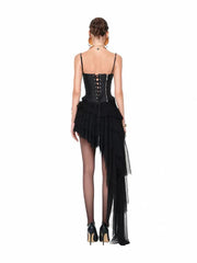 Fishbone Lace-Up Top And Mesh Asymmetrical Skirt Two-Piece Set