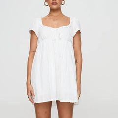 Ruffled Trim Square Neck Short Sleeve A-line Mini Dress