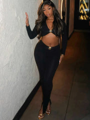 Black Metal Buckle Crop Top And High Waist Pants Set