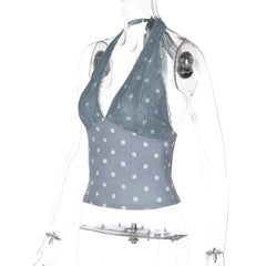 Lace Patchwork Polka Dot Halter Tie Crop Top