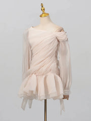 Apricot Ruffles Diagonal Long Sleeve Mini Dress